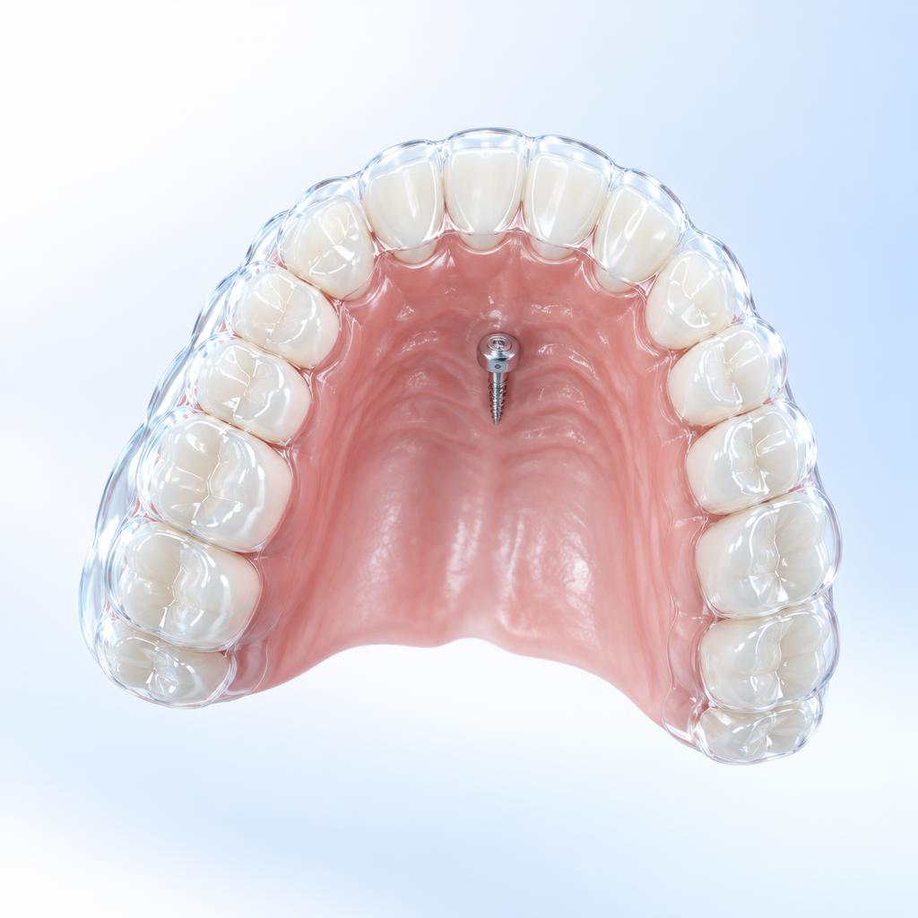 Arcada com alinhador transparente e mini-implante